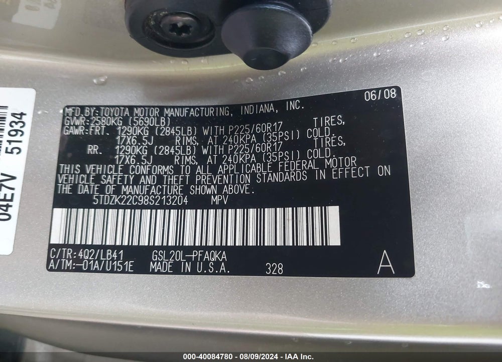2008 TOYOTA SIENNA XLE VIN: 5TDZK22C98S213204