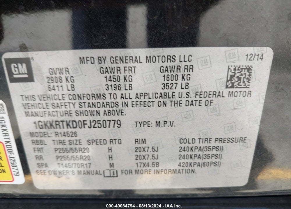 2015 GMC ACADIA DENALI VIN: 1GKKRTKD0FJ250779
