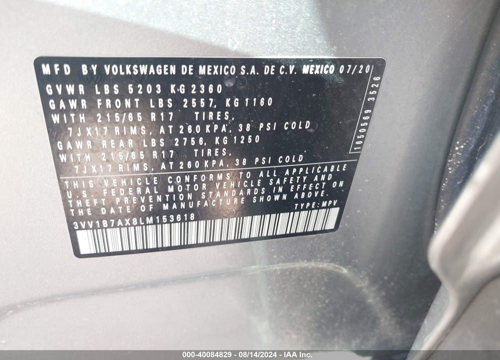 2020 VOLKSWAGEN TIGUAN 2.0T S VIN: 3VV1B7AX8LM153618