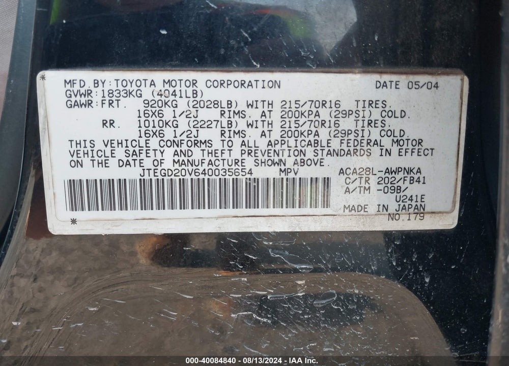 2004 TOYOTA RAV4 VIN: JTEGD20V640035654