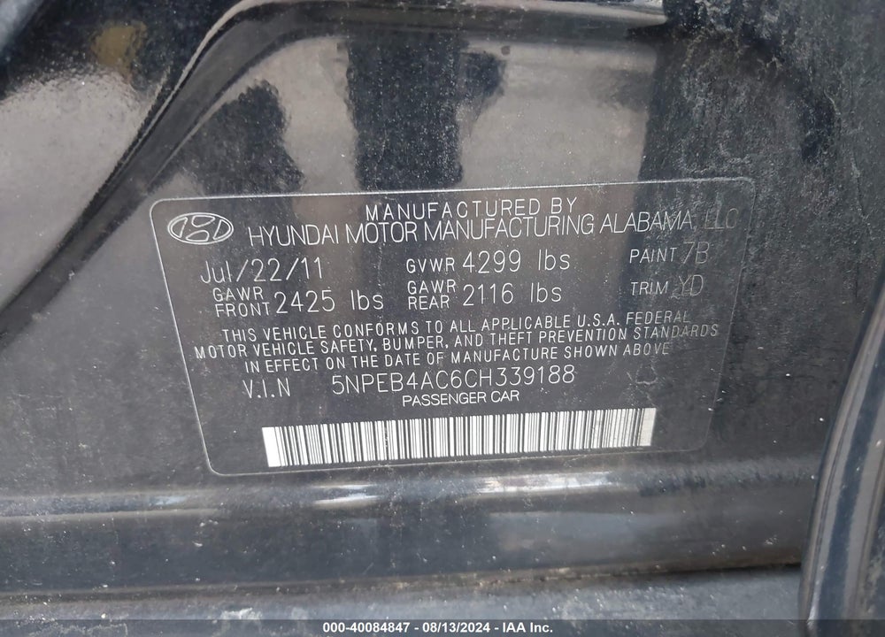 2012 HYUNDAI SONATA GLS VIN: 5NPEB4AC6CH339188