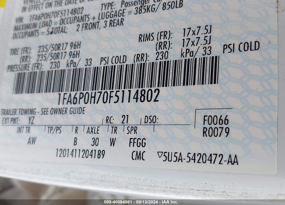 2015 FORD FUSION SE VIN: 1FA6P0H70F5114802