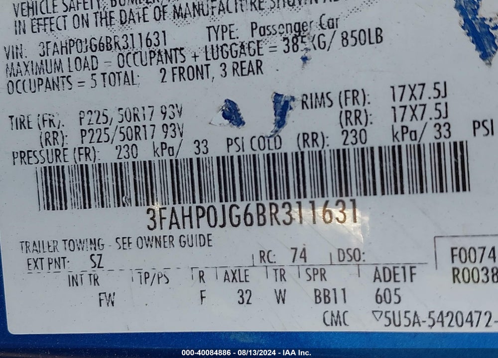 2011 FORD FUSION SEL VIN: 3FAHP0JG6BR311631