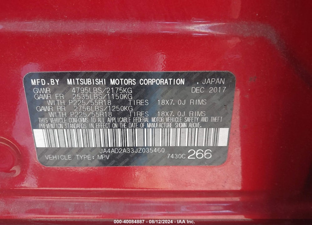 2018 MITSUBISHI OUTLANDER ES VIN: JA4AD2A33JZ035460