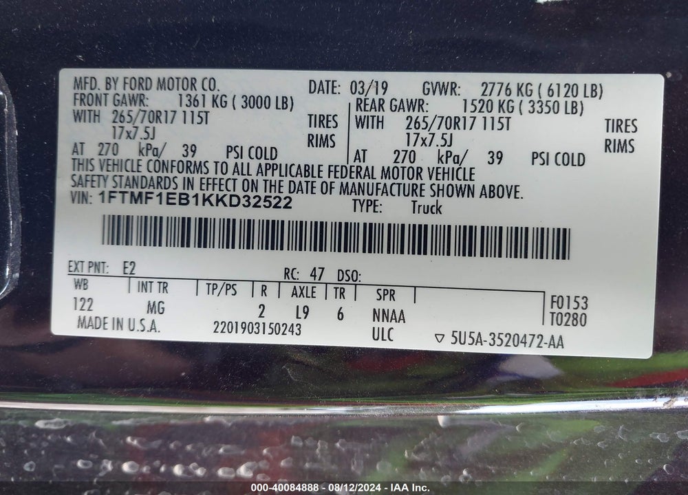 2019 FORD F-150 XLT VIN: 1FTMF1EB1KKD32522