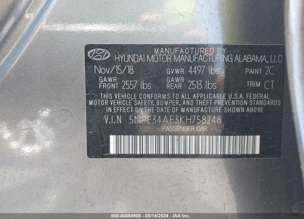 2019 HYUNDAI SONATA VIN: 5NPE34AF3KH758248