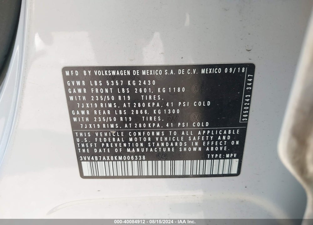 2019 VOLKSWAGEN TIGUAN 2.0T SEL PREMIUM/2.0T SEL PREMIUM R-LINE VIN: 3VV4B7AX8KM006338