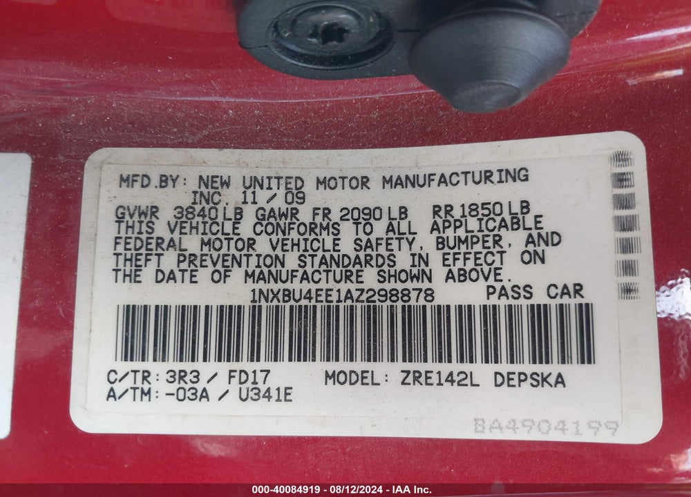 2010 TOYOTA COROLLA VIN: 1NXBU4EE1AZ298878