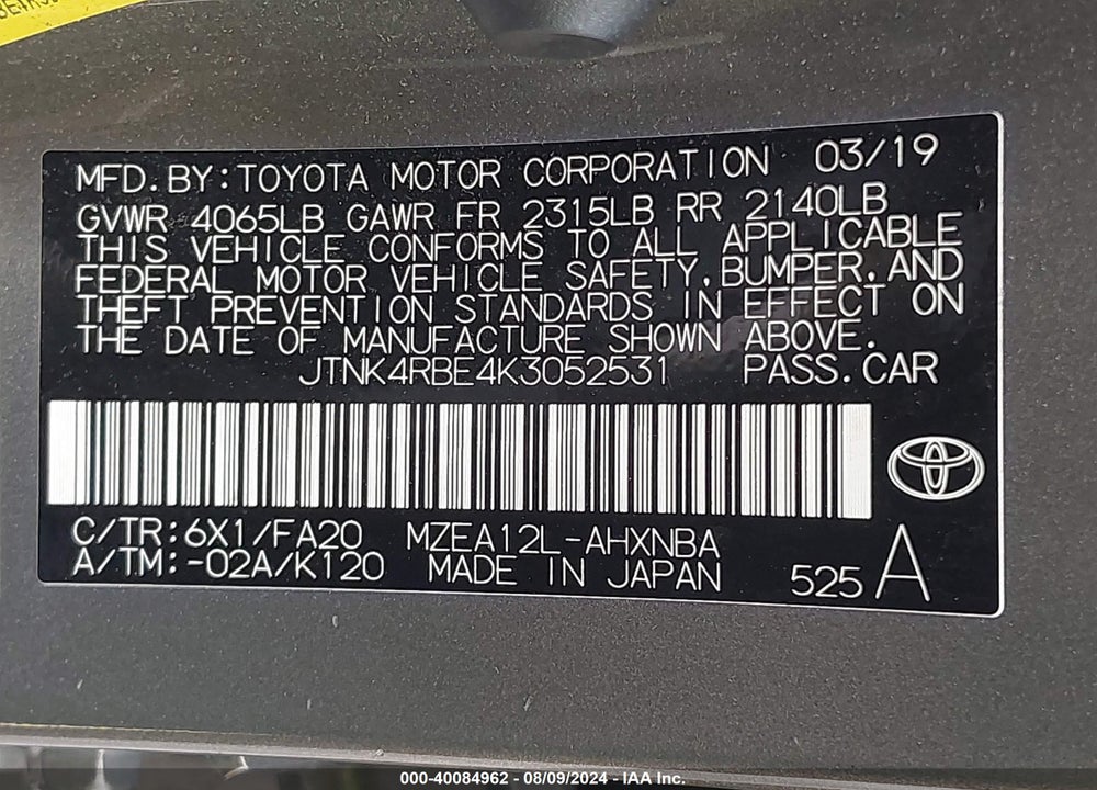 2019 TOYOTA COROLLA SE VIN: JTNK4RBE4K3052531