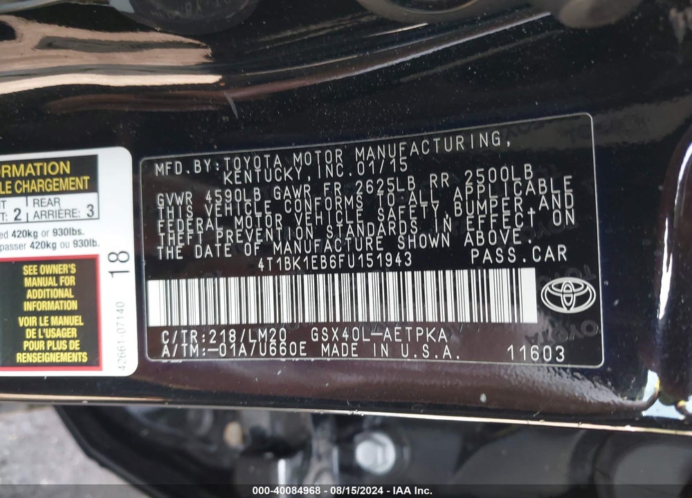 2015 TOYOTA AVALON XLE/PREMIUM/TOURING/LTD VIN: 4T1BK1EB6FU151943