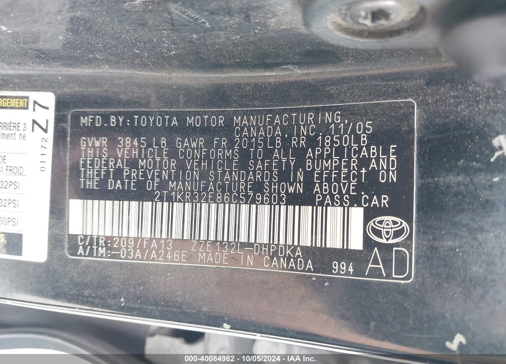2006 TOYOTA MATRIX VIN: 2T1KR32E86C579603