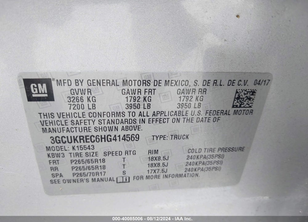2017 CHEVROLET SILVERADO 1500 2LT VIN: 3GCUKREC6HG414569