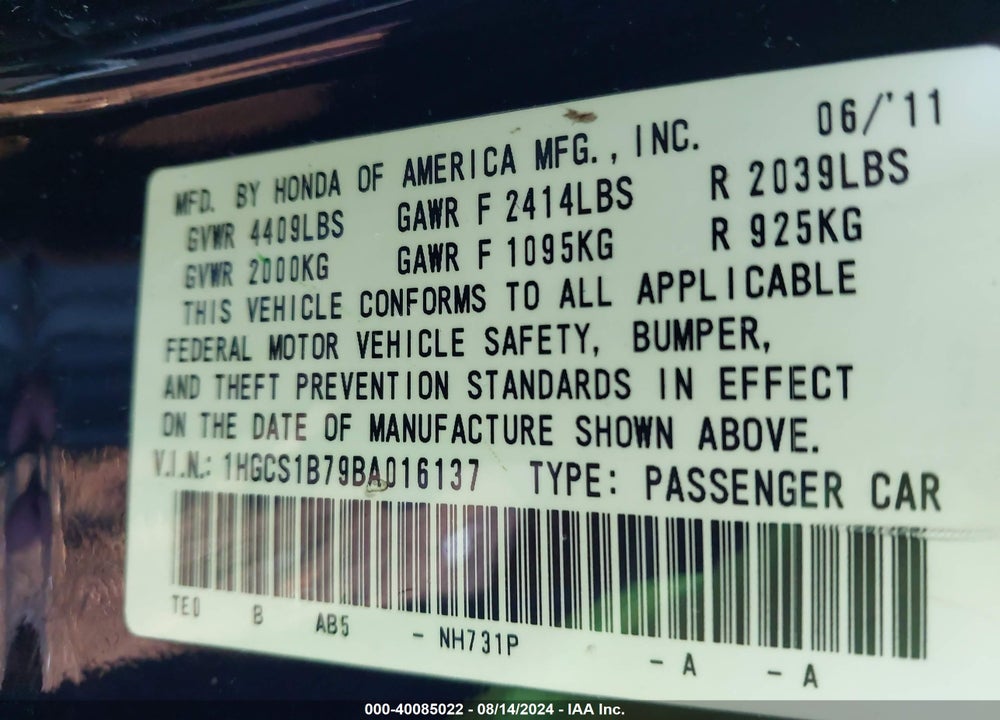2011 HONDA ACCORD 2.4 EX VIN: 1HGCS1B79BA016137