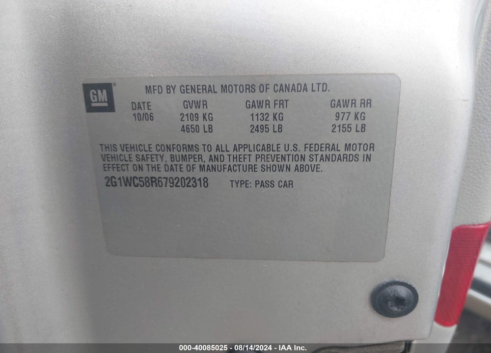 2007 CHEVROLET IMPALA LT VIN: 2G1WC58R679202318