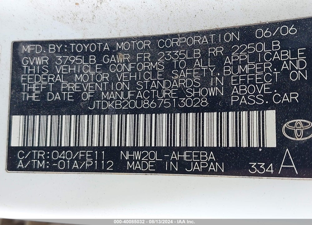 2006 TOYOTA PRIUS VIN: JTDKB20U867513028