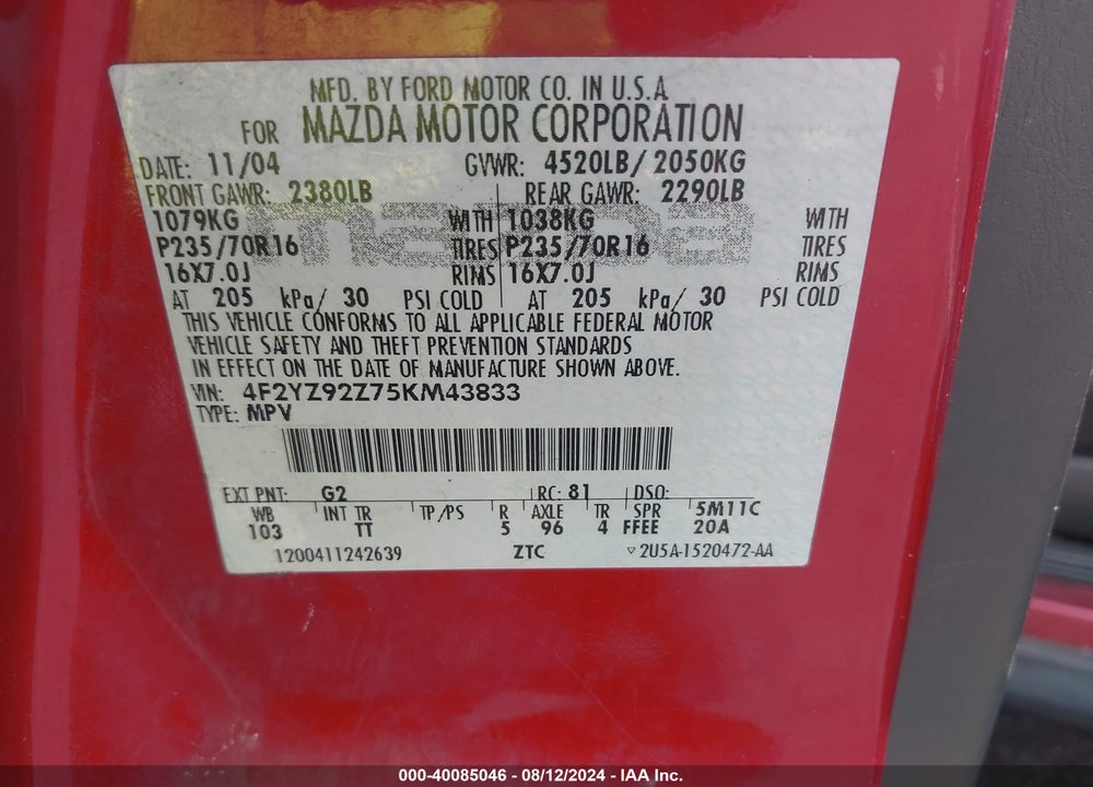 2005 MAZDA TRIBUTE I VIN: 4F2YZ92Z75KM43833