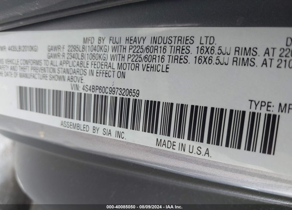 2009 SUBARU OUTBACK 2.5I VIN: 4S4BP60C997320659