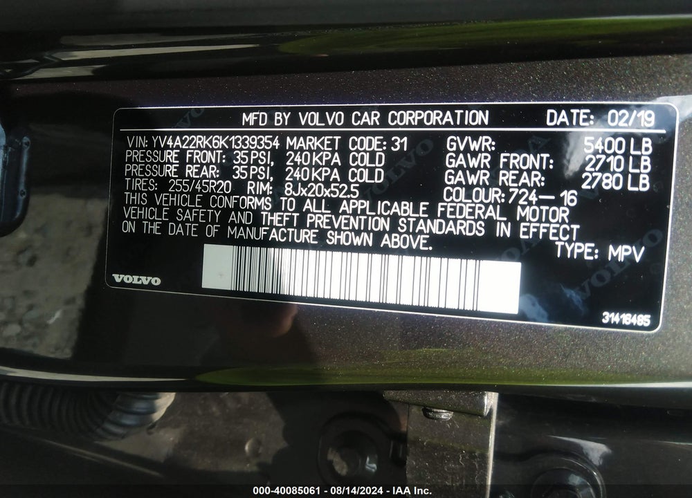 2019 VOLVO XC60 T6 MOMENTUM VIN: YV4A22RK6K1339354