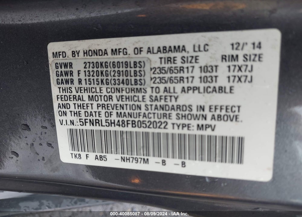 2015 HONDA ODYSSEY EX VIN: 5FNRL5H48FB052022