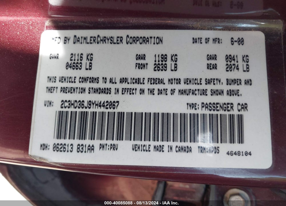 2000 CHRYSLER CONCORDE LXI VIN: 2C3HD36J9YH442067