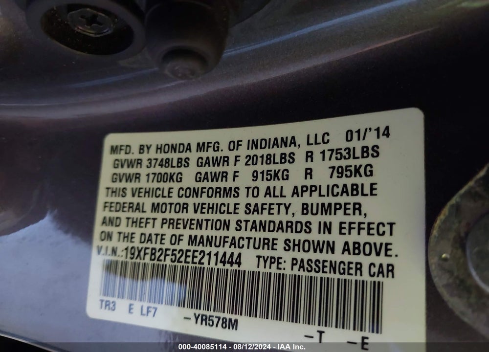 2014 HONDA CIVIC LX VIN: 19XFB2F52EE211444