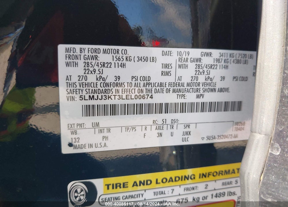 2020 LINCOLN NAVIGATOR RESERVE L VIN: 5LMJJ3KT3LEL00674