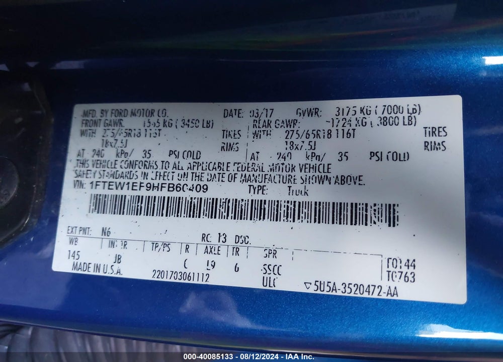 2017 FORD F-150 XLT VIN: 1FTEW1EF9HFB60409