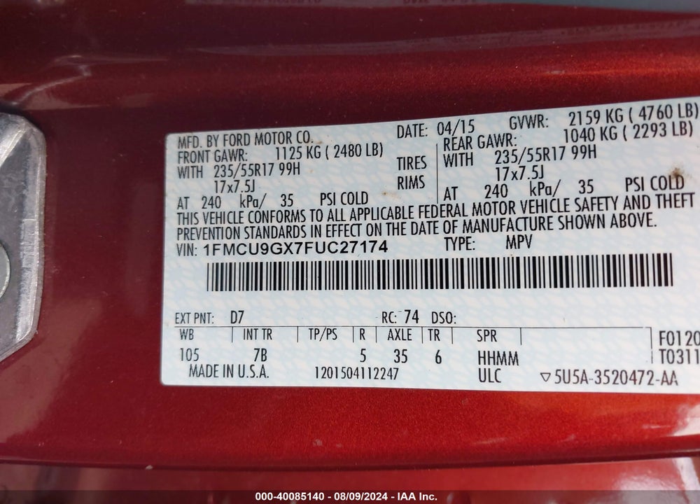 2015 FORD ESCAPE SE VIN: 1FMCU9GX7FUC27174