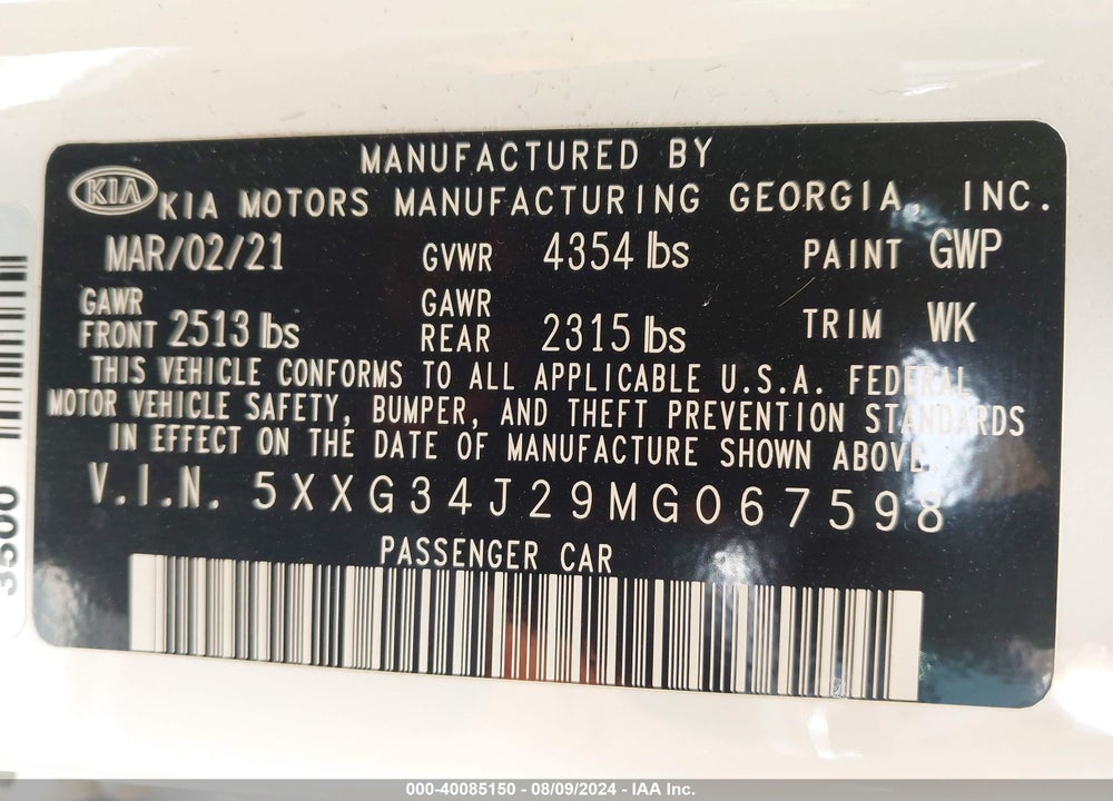 2021 KIA K5 EX VIN: 5XXG34J29MG067598
