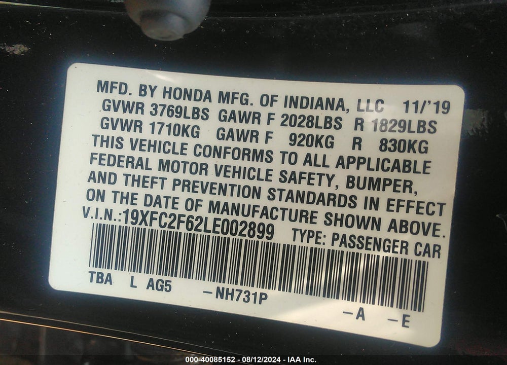 2020 HONDA CIVIC LX VIN: 19XFC2F62LE002899