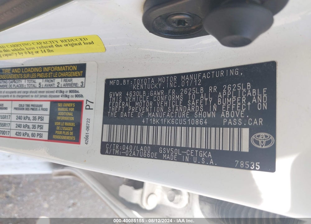 2012 TOYOTA CAMRY VIN: 4T1BK1FK6CU510864
