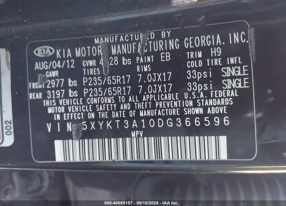2013 KIA SORENTO LX VIN: 5XYKT3A10DG366596