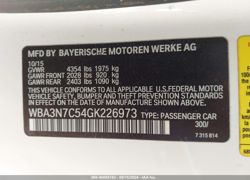 2016 BMW 428I VIN: WBA3N7C54GK226973