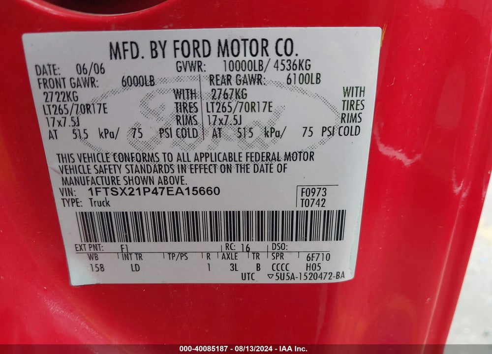 2007 FORD F-250 LARIAT/XL/XLT VIN: 1FTSX21P47EA15660