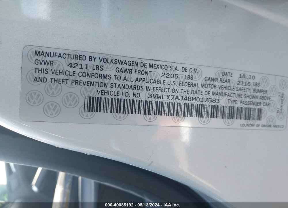 2011 VOLKSWAGEN JETTA 2.5L SEL VIN: 3VWLX7AJ4BM017583