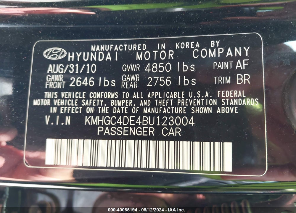 2011 HYUNDAI GENESIS 3.8 VIN: KMHGC4DE4BU123004