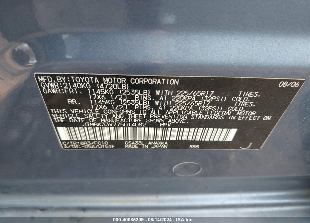 2007 TOYOTA RAV4 BASE V6 VIN: JTMBK33V775014082