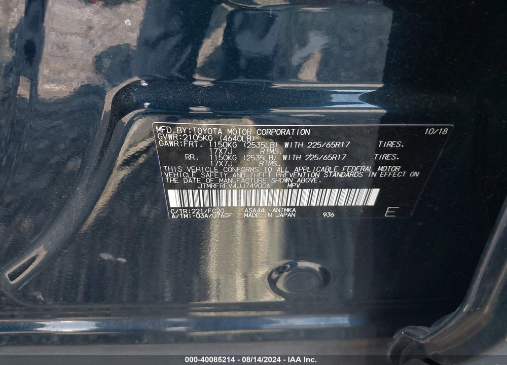 2018 TOYOTA RAV4 XLE VIN: JTMRFREV4JJ749006