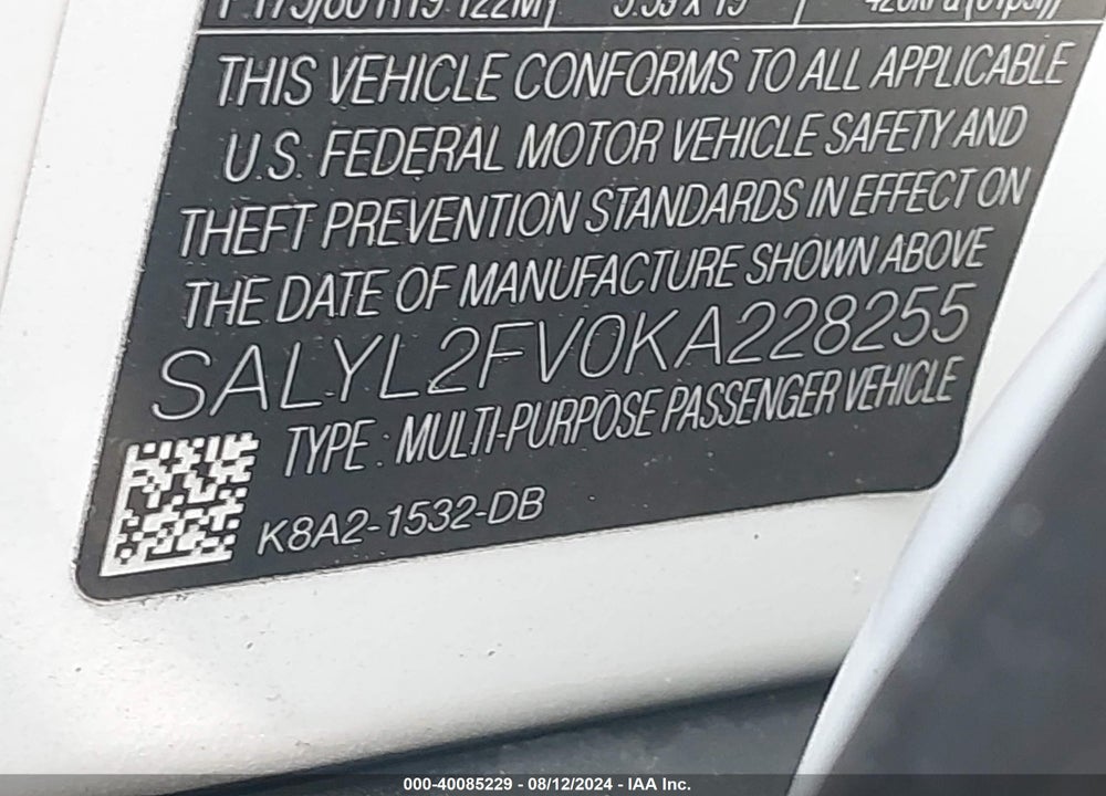 2019 LAND ROVER RANGE ROVER VELAR P340 R-DYNAMIC SE/P380 R-DYNAMIC SE VIN: SALYL2FV0KA228255