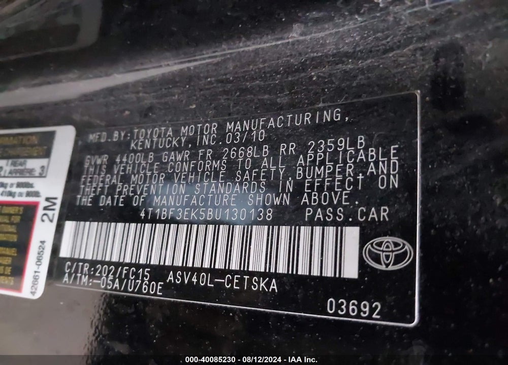 2011 TOYOTA CAMRY SE VIN: 4T1BF3EK5BU130138