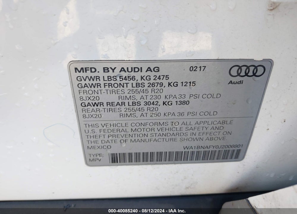 2018 AUDI Q5 2.0T PREMIUM VIN: WA1BNAFY0J2006801