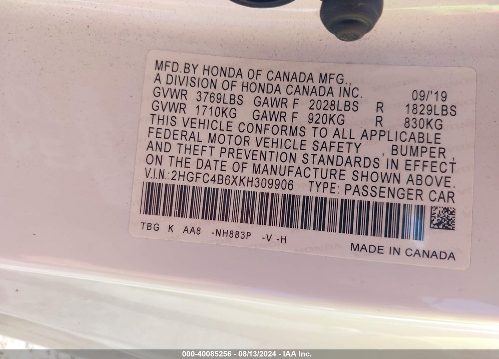 2019 HONDA CIVIC LX VIN: 2HGFC4B6XKH309906