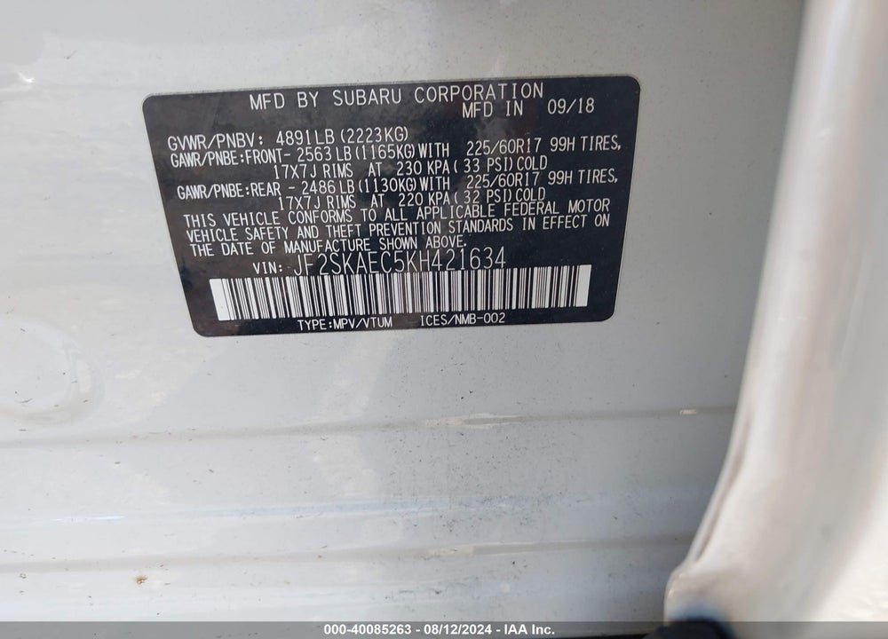 2019 SUBARU FORESTER VIN: JF2SKAEC5KH421634