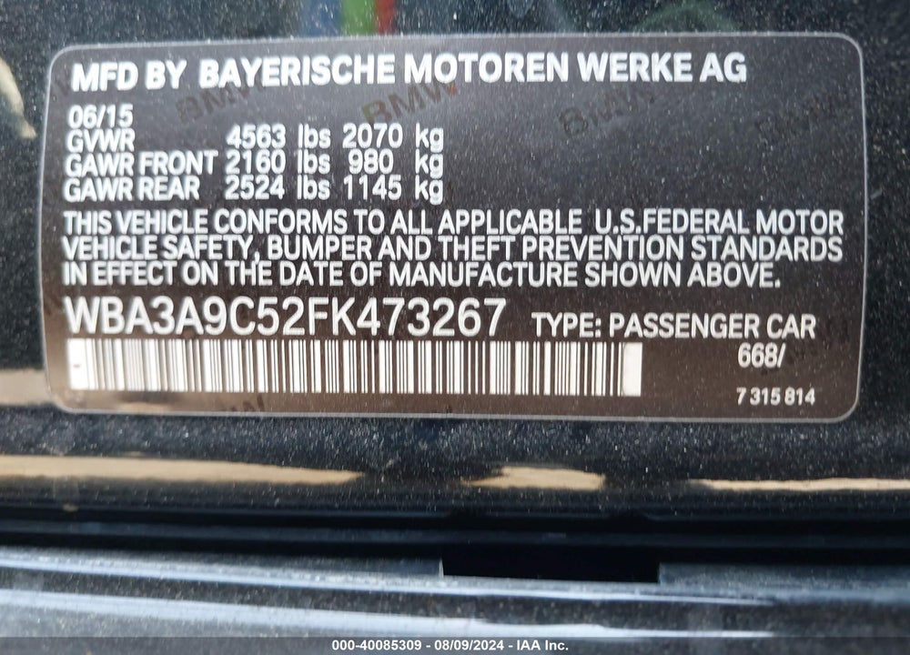 2015 BMW 335I VIN: WBA3A9C52FK473267