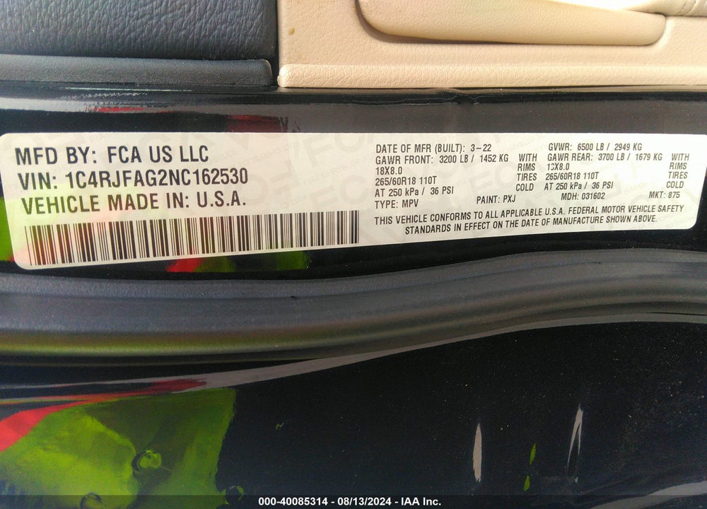 2022 CHEROKEE JEEP GRAND  WK LAREDO E 4X4 VIN: 1C4RJFAG2NC162530