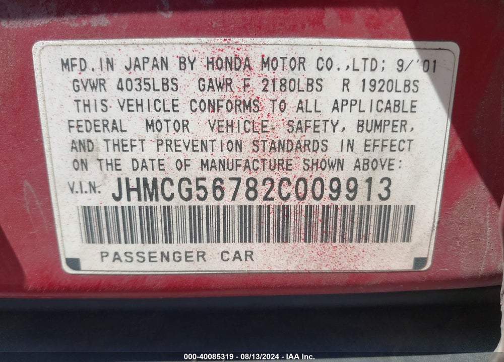 2002 HONDA ACCORD 2.3 SE VIN: JHMCG56782C009913