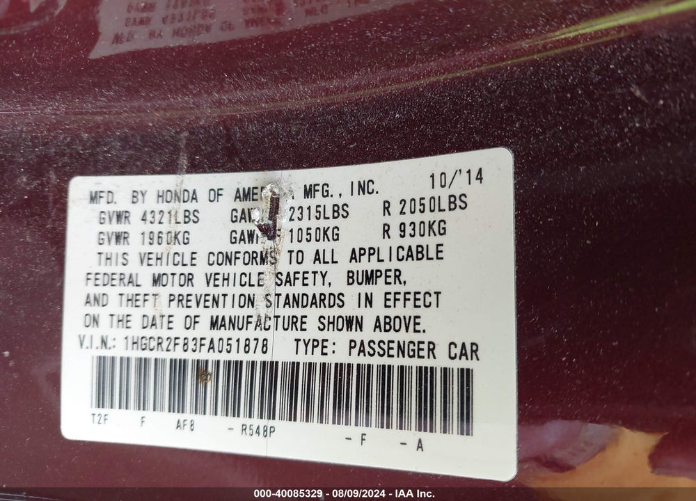 2015 HONDA ACCORD EX-L VIN: 1HGCR2F83FA051878