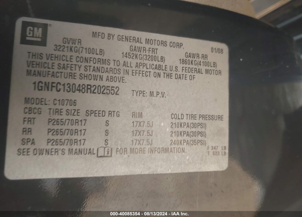 2008 CHEVROLET TAHOE LT VIN: 1GNFC13048R202552