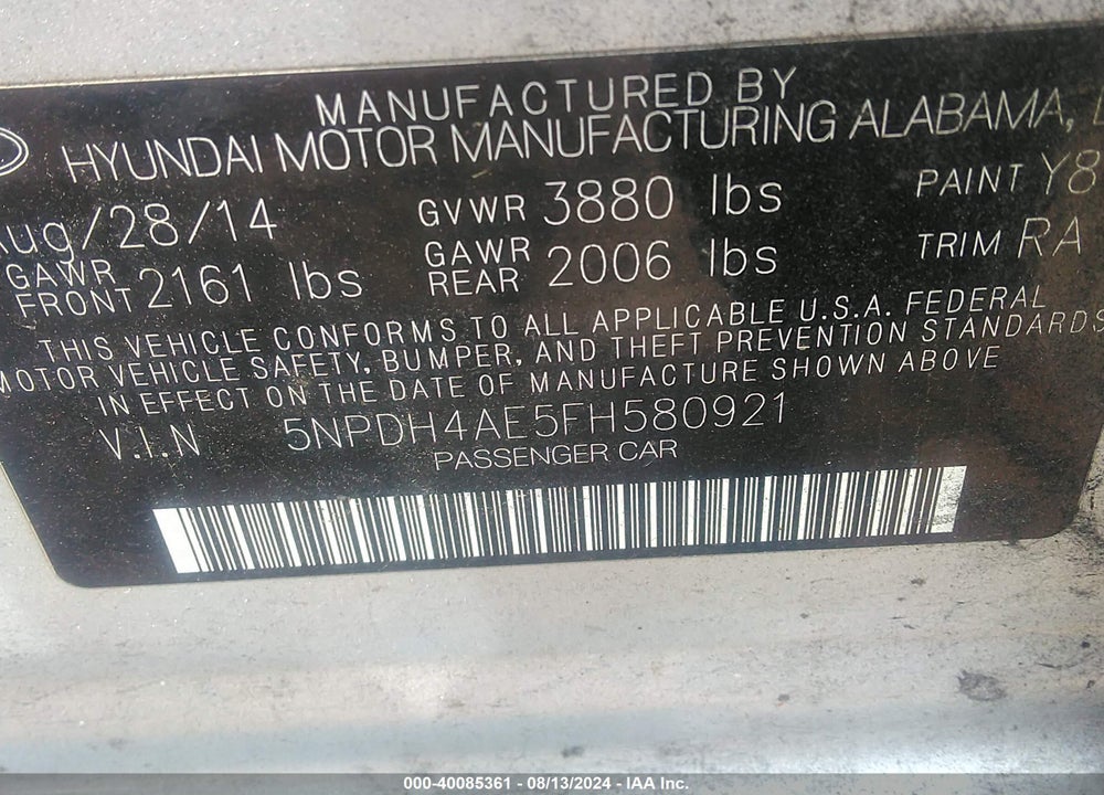 2015 HYUNDAI ELANTRA SE VIN: 5NPDH4AE5FH580921
