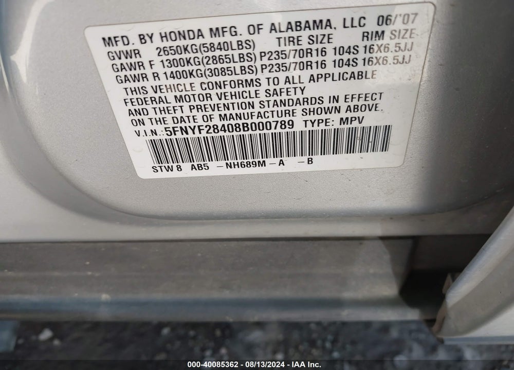 2008 HONDA PILOT EX VIN: 5FNYF28408B000789